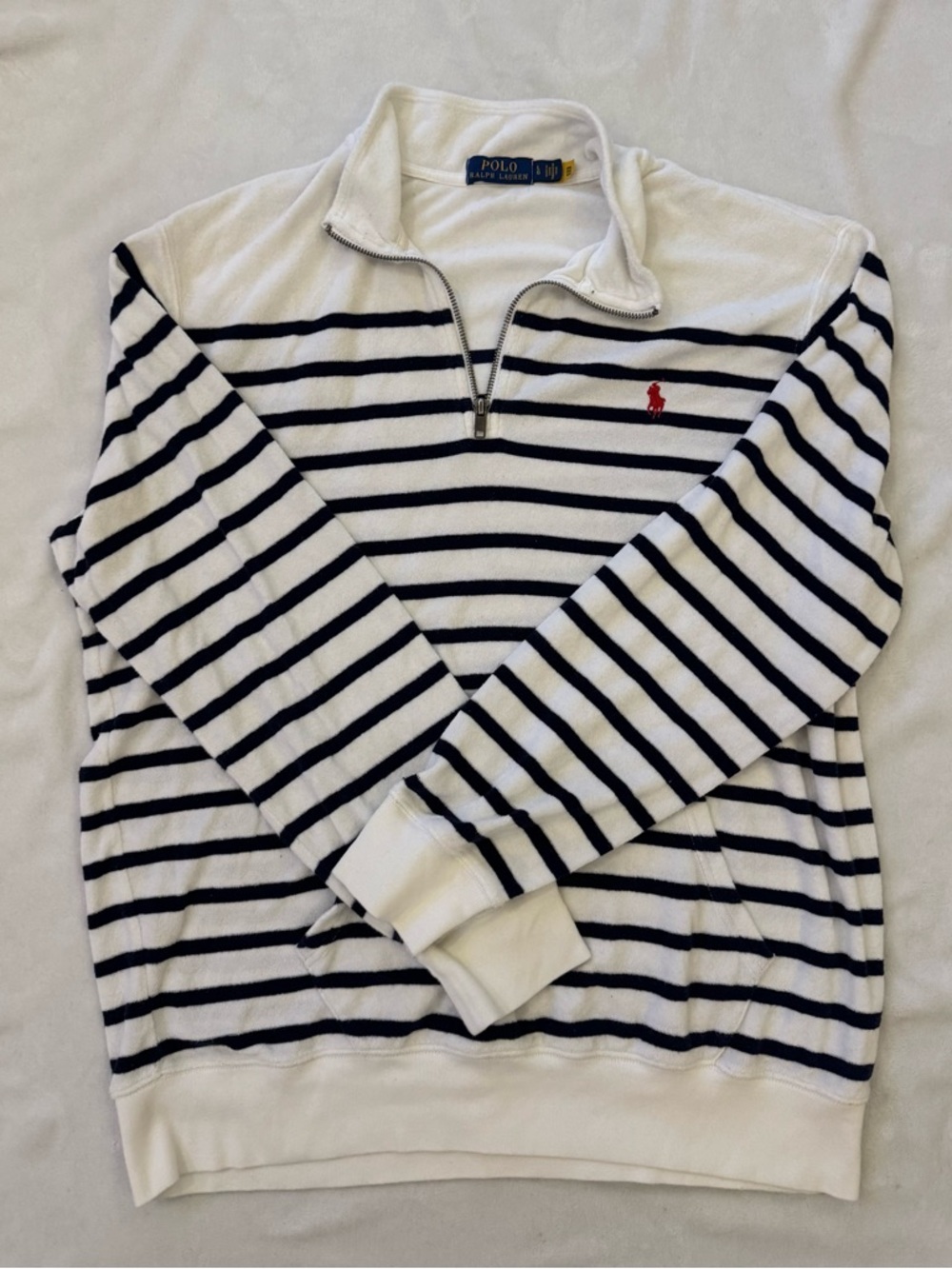 Polo Ralph Lauren White and Navy Striped Terry Quarter-Zip Sweater